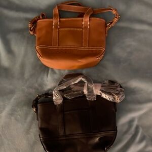 2 J. Crew Mini Mantauk leather tote bags in back (NWT) and tan (used once)